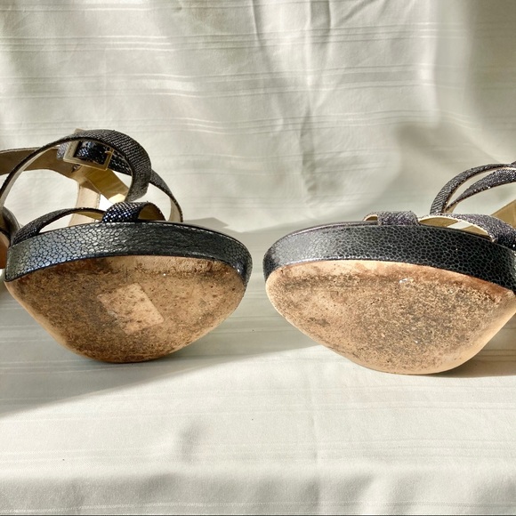 Jimmy Choo Vamp Metallic Slingback Wrap Sandals Platform Heels Glitter Silver - Picture 10 of 12